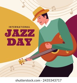 In: International Jazz Day Celebration. Hintergrund des World Jazz Day. Happy Jazz Day. 30. April. Cartoon Vektor Illustration Design für Poster, Banner, Flyer, Gruß, Karte, Cover, Post, Einladung, Event.