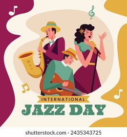 Celebración del Día Internacional del Jazz Fondo del Día Mundial del Jazz Feliz Día del Jazz. 30 de abril. Diseño de ilustración vectorial de dibujos animados para cartel, pancarta, volante, saludo, tarjeta, cubierta, correo, invitación, evento.