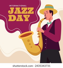 In: International Jazz Day Celebration. Hintergrund des World Jazz Day. Happy Jazz Day. 30. April. Cartoon Vektor Illustration Design für Poster, Banner, Flyer, Gruß, Karte, Cover, Post, Einladung, Event.