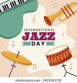 In: International Jazz Day Celebration. Hintergrund des World Jazz Day. Happy Jazz Day. 30. April. Cartoon Vektor Illustration Design für Poster, Banner, Flyer, Gruß, Karte, Cover, Post, Einladung, Event.