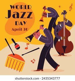 International Jazz Day Celebration. World Jazz Day background. Happy Jazz Day. April 30. Cartoon Vector illustration design for Poster, Banner, Flyer, Greeting, Card, Cover, Post, invitation, Event.