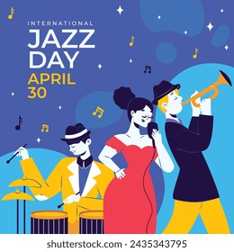 Celebración del Día Internacional del Jazz Fondo del Día Mundial del Jazz Feliz Día del Jazz. 30 de abril. Diseño de ilustración vectorial de dibujos animados para cartel, pancarta, volante, saludo, tarjeta, cubierta, correo, invitación, evento.