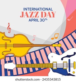 In: International Jazz Day Celebration. Hintergrund des World Jazz Day. Happy Jazz Day. 30. April. Cartoon Vektor Illustration Design für Poster, Banner, Flyer, Gruß, Karte, Cover, Post, Einladung, Event.