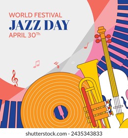 Celebración del Día Internacional del Jazz Fondo del Día Mundial del Jazz Feliz Día del Jazz. 30 de abril. Diseño de ilustración vectorial de dibujos animados para cartel, pancarta, volante, saludo, tarjeta, cubierta, correo, invitación, evento.