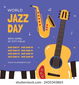 International Jazz Day Celebration. World Jazz Day background. Happy Jazz Day. April 30. Cartoon Vector illustration design for Poster, Banner, Flyer, Greeting, Card, Cover, Post, invitation, Event.