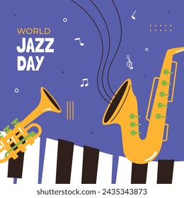 In: International Jazz Day Celebration. Hintergrund des World Jazz Day. Happy Jazz Day. 30. April. Cartoon Vektor Illustration Design für Poster, Banner, Flyer, Gruß, Karte, Cover, Post, Einladung, Event.