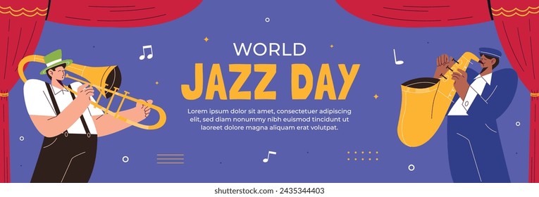 Celebración del Día Internacional del Jazz Fondo del Día Mundial del Jazz Feliz Día del Jazz. 30 de abril. Diseño de ilustración vectorial de dibujos animados para cartel, pancarta, volante, saludo, tarjeta, cubierta, correo, invitación, evento.