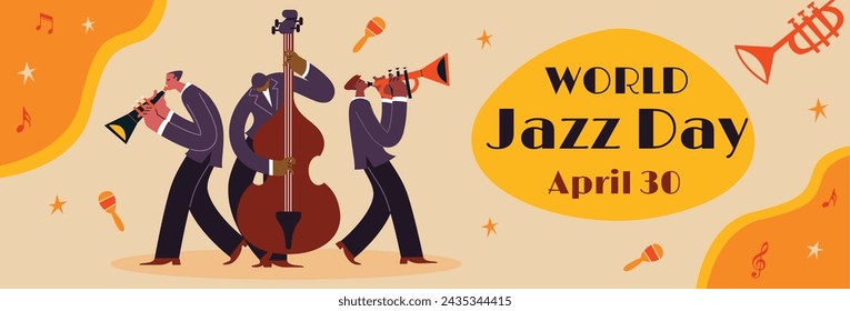 Celebración del Día Internacional del Jazz Fondo del Día Mundial del Jazz Feliz Día del Jazz. 30 de abril. Diseño de ilustración vectorial de dibujos animados para cartel, pancarta, volante, saludo, tarjeta, cubierta, correo, invitación, evento.