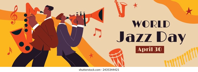 Celebración del Día Internacional del Jazz Fondo del Día Mundial del Jazz Feliz Día del Jazz. 30 de abril. Diseño de ilustración vectorial de dibujos animados para cartel, pancarta, volante, saludo, tarjeta, cubierta, correo, invitación, evento.