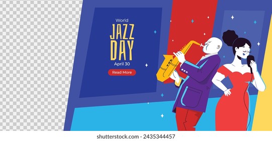 Celebración del Día Internacional del Jazz Fondo del Día Mundial del Jazz Feliz Día del Jazz. 30 de abril. Diseño de ilustración vectorial de dibujos animados para cartel, pancarta, volante, saludo, tarjeta, cubierta, correo, invitación, evento.