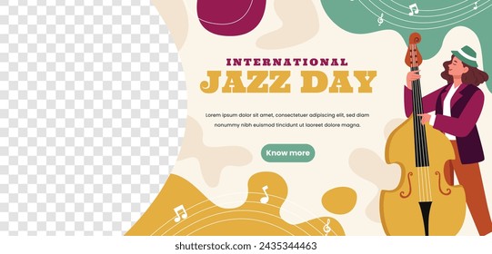 In: International Jazz Day Celebration. Hintergrund des World Jazz Day. Happy Jazz Day. 30. April. Cartoon Vektor Illustration Design für Poster, Banner, Flyer, Gruß, Karte, Cover, Post, Einladung, Event.