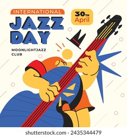 In: International Jazz Day Celebration. Hintergrund des World Jazz Day. Happy Jazz Day. 30. April. Cartoon Vektor Illustration Design für Poster, Banner, Flyer, Gruß, Karte, Cover, Post, Einladung, Event.