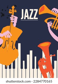 International jazz day event celebration poster with musical instruments. Flat style vector banner with violoncello, trumpet, piano and euphonium. Hand drawn artsy design for promo flyer or invitation