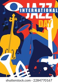 Internationales Jazztagsfest-Poster mit Musikinstrumenten. Flaches Vektorbanner mit Violoncello, Trompete, Sax, Gitarre und französischem Horn. Handgezeichnete Kunstgestaltung für Promo-Flyer