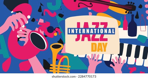 International jazz day event celebration poster with musical instruments. Flat style vector banner with violoncello, trumpet, piano and saxophone. Hand drawn artsy design for promo flyer or invitation