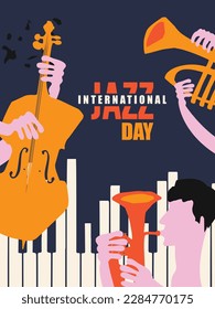 International jazz day event celebration poster with musical instruments. Flat style vector banner with violoncello, trumpet, piano and euphonium. Hand drawn artsy design for promo flyer or invitation