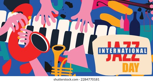 International jazz day event celebration poster with musical instruments. Flat style vector banner with violoncello, trumpet, piano and saxophone. Hand drawn artsy design for promo flyer or invitation