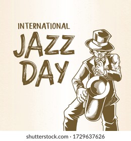 International jazz day with hand drawn saxophonist, a man blowing saxophone sketch drawing. Celebration music banner design for musician community.