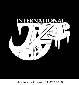 International Jazz Day music negative space style vector poster for jazz festival or night blues retro party with white grand piano. Stylized lettering International Jazz Day