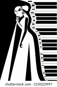 International Jazz Day music negative space style vector poster for jazz festival or night blues retro party with piano keys and jazz woman singer. Negative space style black and white vector banner