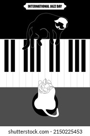 International Jazz Day music negative space style vector poster for jazz festival or night blues retro party. Cat lies on the lid of the piano. Cat sits on a chair and plays the piano. 