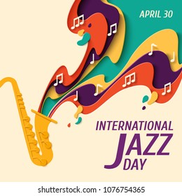 International Jazz Day - music paper cut style poster for jazz festival or night blues retro party with saxophone and notes. Vector paper craft vintage music background