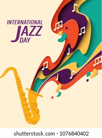 International Jazz Day - music paper cut style poster for jazz festival or night blues retro party with saxophone and notes. Vector paper craft vintage music background