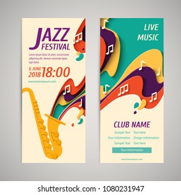 International Jazz Day - music paper cut style banners set for jazz festival or night blues retro party with saxophone and notes. Vector paper craft vintage music background