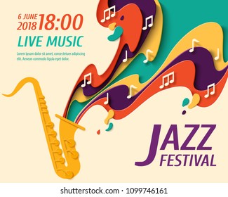 International Jazz Day - music paper cut style poster for jazz festival or night blues retro party with saxophone and notes. Vector paper craft vintage music background