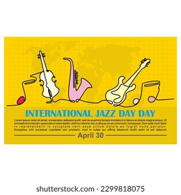 International Jazz Day, One continuous single line hand drawing 