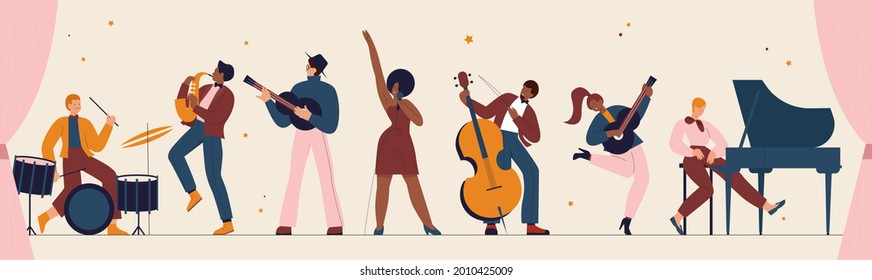 International jazz day, retro music festival party panorama concert vector illustration. Live music band playing musical instrument, woman singer and musicians with saxophone piano drum background