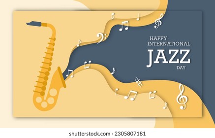 Internationaler Jazztag. Saxophon mit Noten im Orgiami- und Papierschnitt-Stil. Feiertag und Festival am 30. April. Schöne und elegante Musik, Kunst. Poster oder Banner. Cartoon-Vektorgrafik