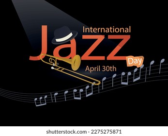 International Jazz Day.April 30.Jazz text with musical instrument on black background and musical notes.