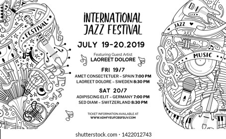 International jazz festival web banner outline vector template. Blues singers and famous artists concert announcement poster with text space. Rock and roll music party. Musical instruments line art
