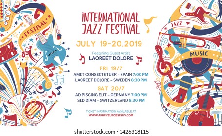 International jazz festival web banner vector template. Retro rock and roll music party. Blues bands contest announcement poster with text space. Cultural event. Musical instruments illustration