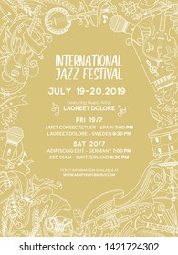 International jazz music contest poster vector template. Blues, country, folk concert, fest web banner with text space. Festival, cultural event brochure. Musical instruments chalk doodle drawing