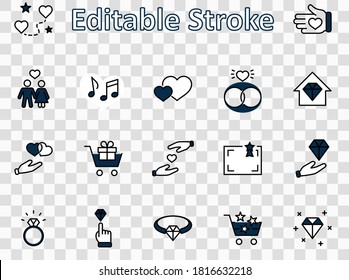 International Jeweler Day Set Line Vector Icons. Contains such Icons as Love, Heart, Hand, Family, Wedding Rings, Diamond, Jewelry store, Gift, Basket and more. Editable Stroke. 32x32 Pixel Perfect