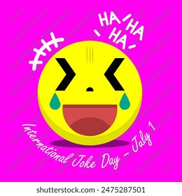 In: International Joke Day Event Banner. Illustration einer Ikone, die so sehr lacht, dass sie Tränen auf einem hellvioletten Hintergrund vergießt, um am 1. Juli zu feiern