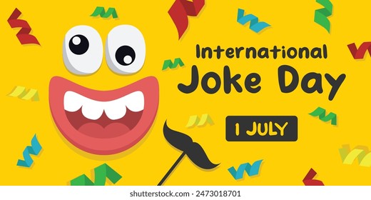 In: International Joke Day. Mund, Schnurrbart, Augen und Konfetti. Ideal für Karten, Banner, Poster, Social Media und mehr. Gelber Hintergrund.