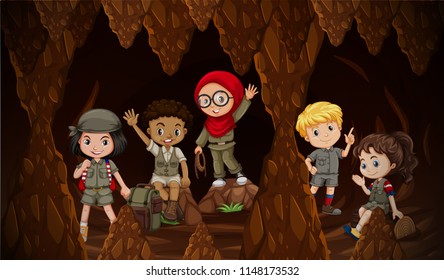 International kids exploring the cave illustration