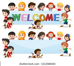 International Kids On Welcome Banner Illustration