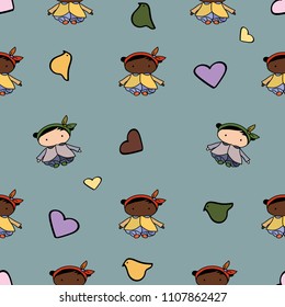 International kids seamless pattern with birds and hearts, funny baby girls