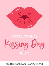 International Kissing Day banner. Cute kiss on pink background and basic text. July 6. Vertical shape for social media, poster etc. Emotions or holidays theme. Vector illustration.