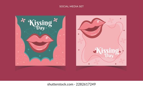 International kissing day vector background. World kiss day, pink and red lips illustration, with hearts and stars, social media set, editable