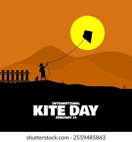 International Kite Day to celebrate on January 14th. Illustration of a child playing with a kite as the sun approaches sunset.