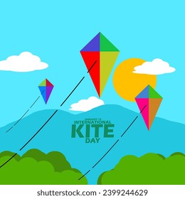 International Kite Day event banner. Several colorful kites flying above the sky with a view of the mountains, with bold text to celebrate on January 14