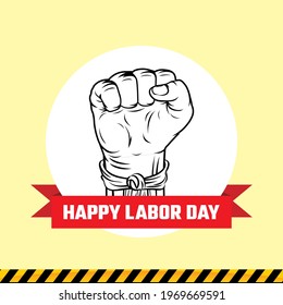 International labor day banner or greeting card template design with hand clenched and ribbon ornament.