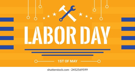 International Labor Day banner with text and working tools, vector invitation with first of May, Workers Day.