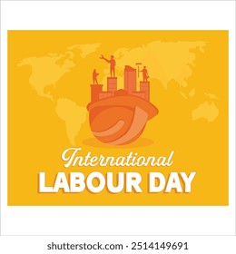 International Labor Day Concept. Happy Labour Day Typography with a group of workers and Safety Helmet. Poster banner template design. flat vector modern illustration
