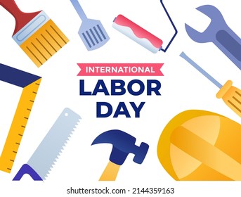 International Labor Day Design at 1st May With Labor Work Equipment Like Helmet, Hammer, Wrench, Saw, Paintbrush, screwdriver, Etc. Can be used for banner, poster, greeting card, postcard, print, etc.